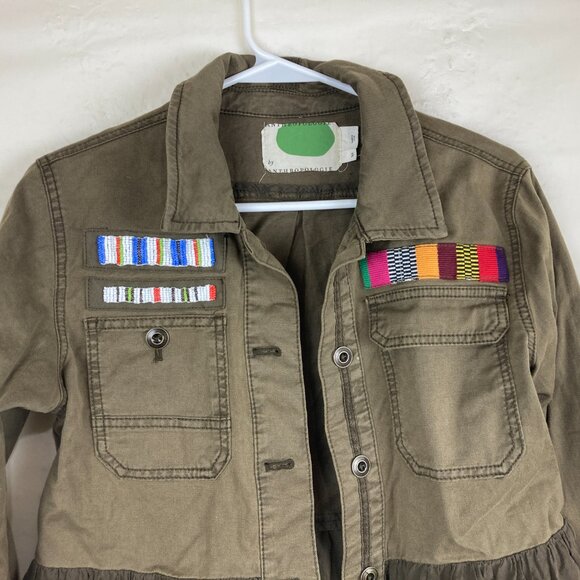 Anthropologie Sz XS Army Green Military Shirt Jacket Beaded Patches Button Down - Picture 2 of 9